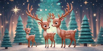 The primary subject of the image is a group of three deer standing together in a snowy environment. The deer are positioned in the foreground, with one on the left, one in the middle, and one on the right. The setting is a snowy forest, with trees visible in the background. The visual style of the image is a digital art or illustration, with the deer depicted in a cartoon-like manner. The colors and mood of the image are predominantly white and cold, with the